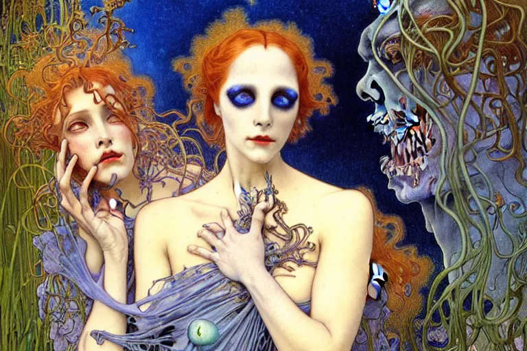 Prompt: realistic detailed portrait painting of a beautiful ghost woman with a male zombie, nightly graveyard landscape background by Jean Delville, Amano, Yves Tanguy, Alphonse Mucha, Ernst Haeckel, Edward Robert Hughes, Roger Dean, rich moody colours, blue eyes