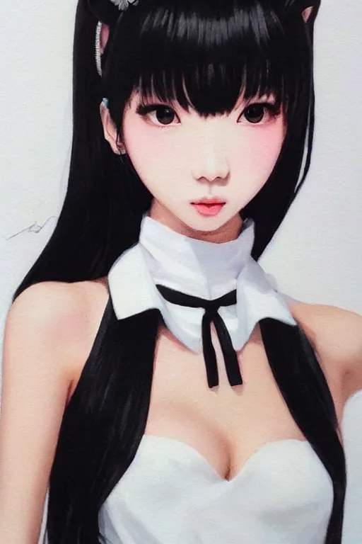 Image similar to realistic detailed semirealism beautiful gorgeous cute Blackpink Lalisa Manoban wearing white wet silky dress, black hair black cat ears, black leather choker, proportional body, WLOP, Aztodio, Taejune Kim, sakimichan, ArtGerm, Pixiv, Instagram, Artstation