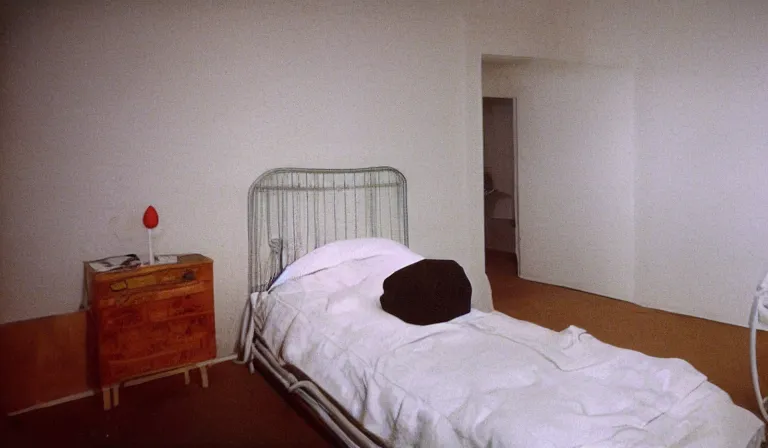 Prompt: A bedroom designed by Raymond Pettibon, 35mm film, long shot