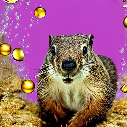 Image similar to a groundhog diving, realistic, underwater bubbles