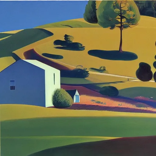 Image similar to dreaming futuristic rural landscape with modern houses, painted by Alex Katz and Edward Hopper, airbrush, highly detailed