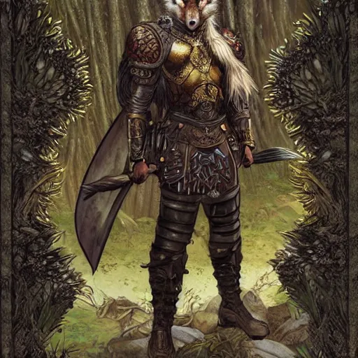 Image similar to An epic fantasy comic book style portrait of a fantasy male fox warrior in leather armor, temple ruins surrounded by lush meadow and big pines, intricate, elegant, highly detailed, digital painting, artstation, concept art, matte, sharp focus, illustration, art by Artgerm and Greg Rutkowski and Alphonse Mucha, golden ratio, volumetric black and white lighting, refractions, symmetry accurate anatomy features