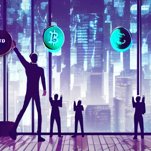 Image similar to detailed futuristic world, man waving goodbye to group of people, (cryptocurrency in background)