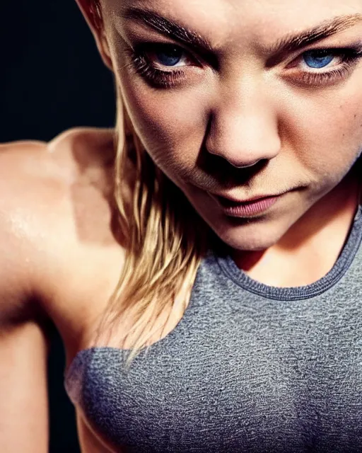 Prompt: extreme closeup of natalie dormer abdominal muscles, wearing shorts and highcut top, very sweaty, backlit, studio lighting, intricate detail, beautiful composition, extremely muscly bodybuilder