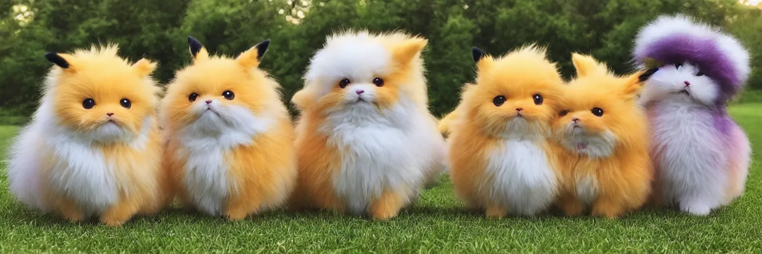 Image similar to different real life pokemons, cute!!!, content!!!, mischievous!!!, adorable!!!, little furballs, fluffy!!!, ultra realistic!!!, golden hour, sharp focus