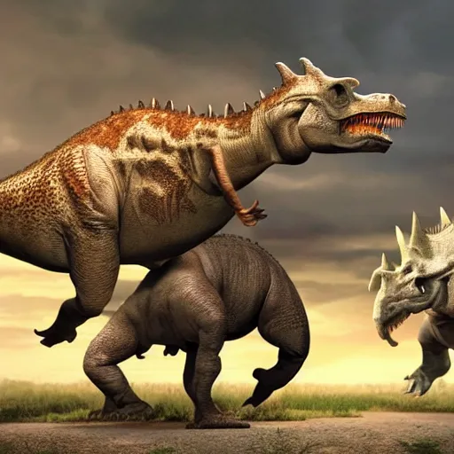 Prompt: movie still of a T-Rex, triceratops, stegosaurus and a giraffe engaged in huge fight.