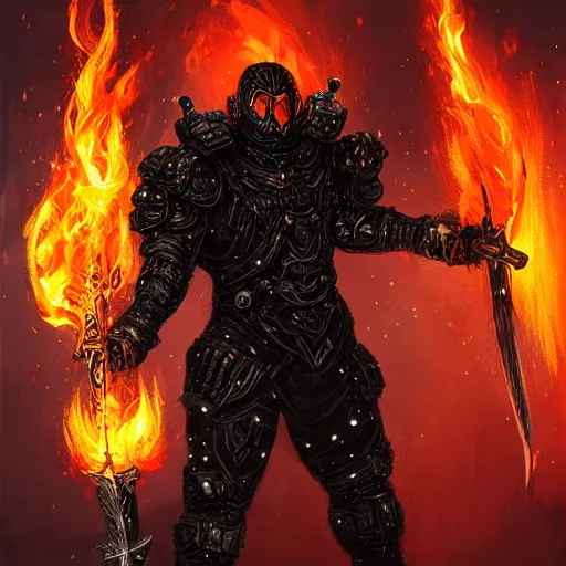 Image similar to a man in black-crystal armor surrounded by flames wielding a battle-axe made of black crystals. ,D&D, sci-fi, elegant, hopeful, muscular, highly detailed, digital painting, artstation, concept art, smooth, sharp focus, illustration