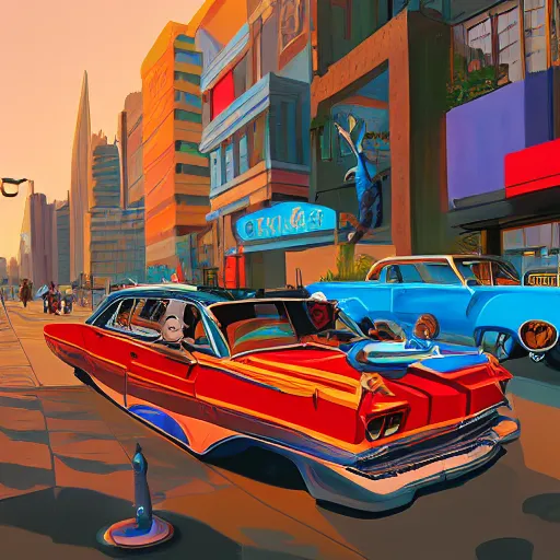 Prompt: swagger! lowrider culture, living large in the city by tyler edlin, editorial, bold colors, detailed, bold colors, incredible lighting, great composition, artstation