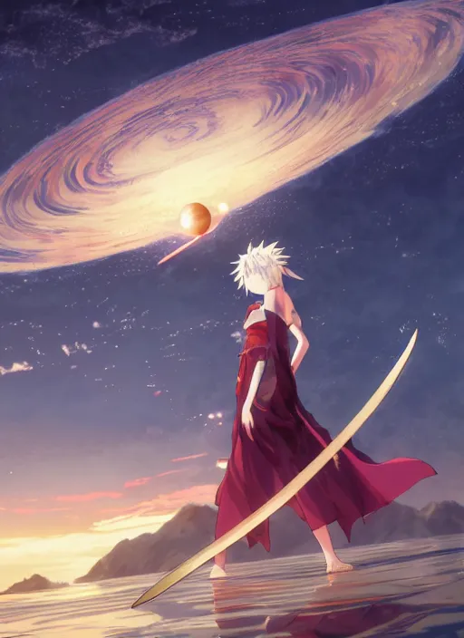 Image similar to a beautiful anime girl walking on water holding a beautiful katana, ripples, backdrop of dawn, giant planets in the background, anime illustration from genshin impact from demon slayer from jujutsu kaisen, concept art, anime, key visual, trending pixiv fanbox by wlop and greg rutkowski and makoto shinkai and studio ghibli