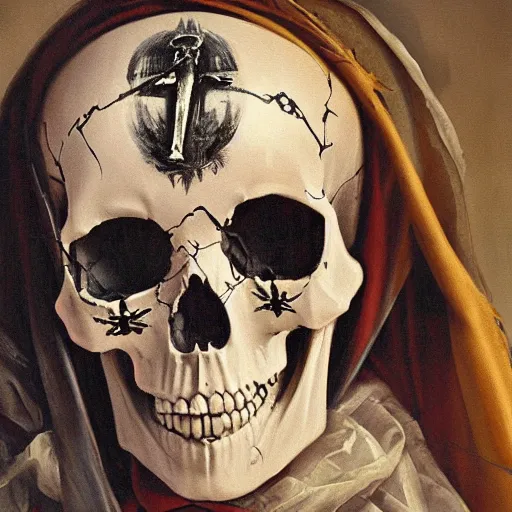 Image similar to painting of the virgin mary skull face with graffiti by greg rutkowski and jc leyendecker