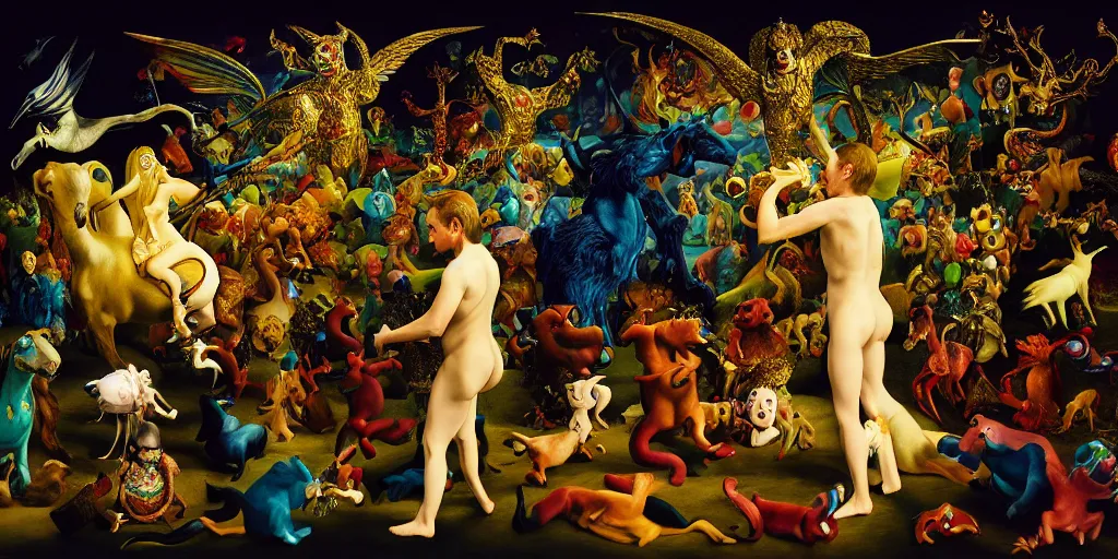 Image similar to the three imaginary fates pleasure dream adventure imaginary mythical animals love abstract oil painting by gottfried helnwein pablo amaringo raqib shaw zeiss lens sharp focus high contrast chiaroscuro gold complex intricate bejeweled