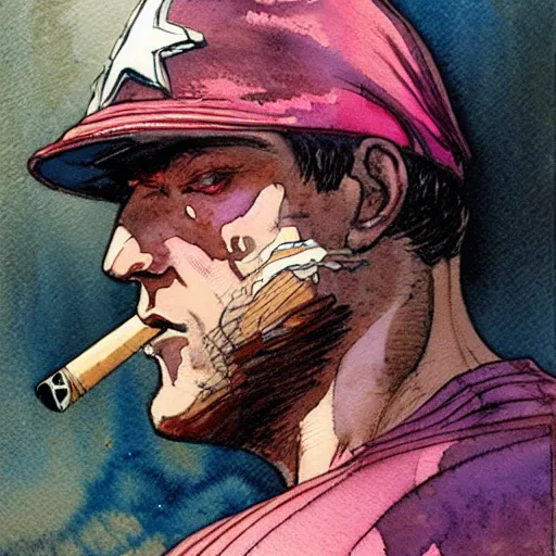Prompt: a realistic and atmospheric watercolour fantasy character concept art portrait of captain america with pink eyes wearing a wife beater and smoking a huge blunt by rebecca guay, michael kaluta, charles vess and jean moebius giraud