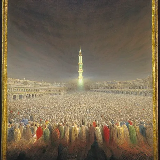 Image similar to painting of mecca on hajj day, highly detailed, volumetric lighting, god rays, by gustave dore and john collier