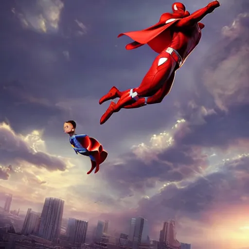 Image similar to a flying superhero rescuing a falling child. photorealistic. realism. 4 k wideshot. cinematic. unreal engine. artgerm.