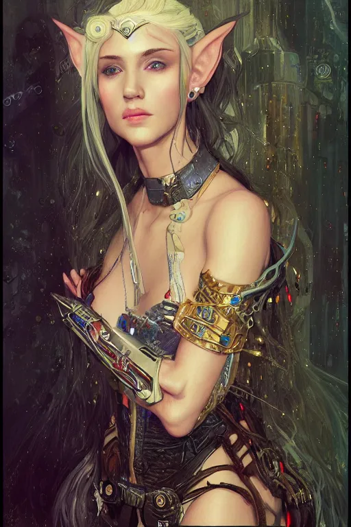 Prompt: portrait of beautiful young elf maiden with white hairs, cyberpunk, Warhammer, highly detailed, artstation, illustration, art by Gustav Klimt