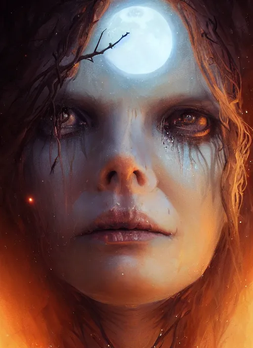 Image similar to close - up face portrait of a beautiful skinny woman crying as witch in front of the full big moon in a fantasy forest, by james gurney, greg rutkowski, highly detailed digital art, artstation