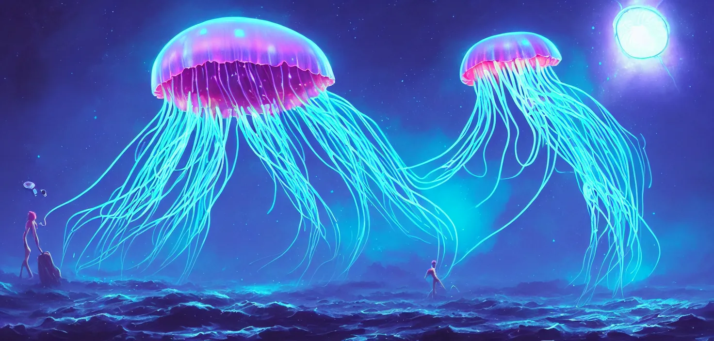 Prompt: glowing jellyfish swim deep in blue sea cosmos. medusa neon jellyfish fantasy in space cosmos among stars and universe, detailed, concept art, low angle, high detail, warm lighting, volumetric, godrays, vivid, beautiful, trending on artstation, by jordan grimmer, huge scene, grass, art greg rutkowski