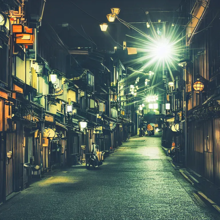 Image similar to photograph of kyoto street at night, bright street lamps, lens flare