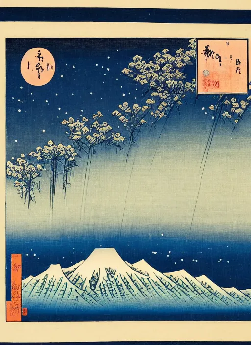 Prompt: blue roses on a mountain melting into the sky with stars of utagawa hiroshige