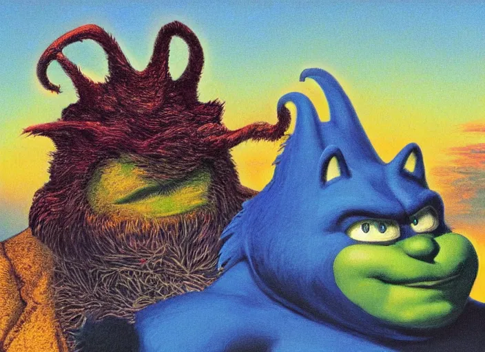 Image similar to surrealist impressionist painting of sonic the hedgehog and shrek and garfield at dusk, in the style of michael whelan and james gurney and wayne barlowe