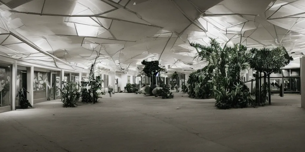 Image similar to a photograph of liminal space weird mall playground house hall way houseplants place with something but empty, interior, unsettling, normal place with weird feeling, liminal space aesthetic, dark scene with flash