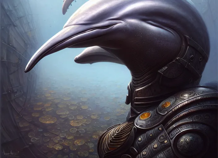 Image similar to wideangle!! portrait shot of a dolphin wearing swat armor, intricate, elegant, highly detailed, centered, digital painting, artstation, concept art, smooth, sharp focus, illustration, artgerm, tomasz alen kopera, peter mohrbacher, donato giancola, joseph christian leyendecker, wlop, boris vallejo