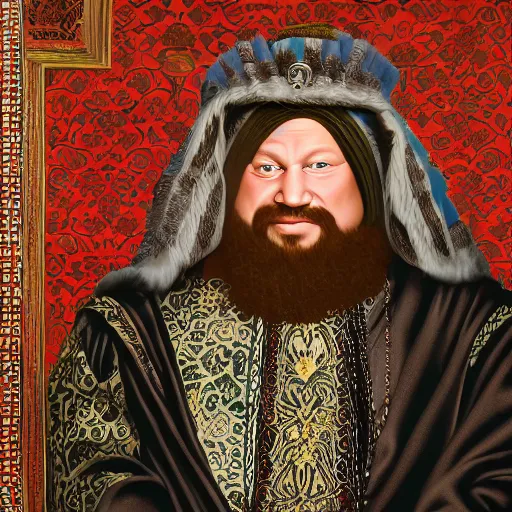 Image similar to portrait of Action Bronson as a medieval Albanian baron, by Kehinde Wiley, Gentile Bellini, and Annie Leibovitz. HD face portrait.