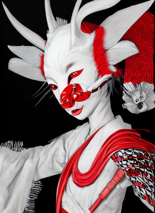 Prompt: maiko wearing a kitsune mask, fluent composition, red white and black, concept art, ambient light, 4 k, intricate details, highly professionally detailed, cgsociety, highly detailed -