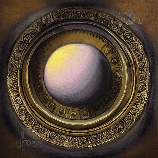 Prompt: in the center lays an ancient chromed artifact in the shape of a heavy ring, ornate with gentle shine from within. the ring lays on top of a marbled pedestal. the pedestal is in front of a dark misty balcony at night. beautiful lighting. dark moody fantasy art, realistic still life renaissance pastel painting.