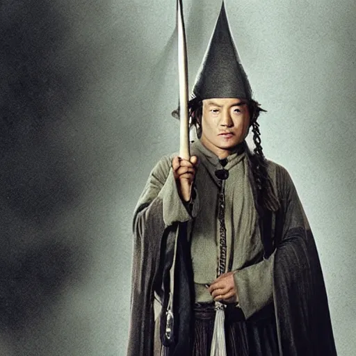 Image similar to a still from “ lord of the rings ” of a head and shoulders portrait of fei lung as a wizard with a hat and a wooden staff, photo by phil noto