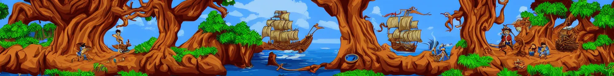 Prompt: landscape of pirate of the monkey island advanture game