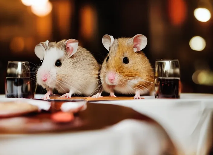 Image similar to photo of a hamsters on a date, drinking red wine, at night, faded colors, candlelit restaurant table, various poses, soft light, centered, sharp focus, 8 k