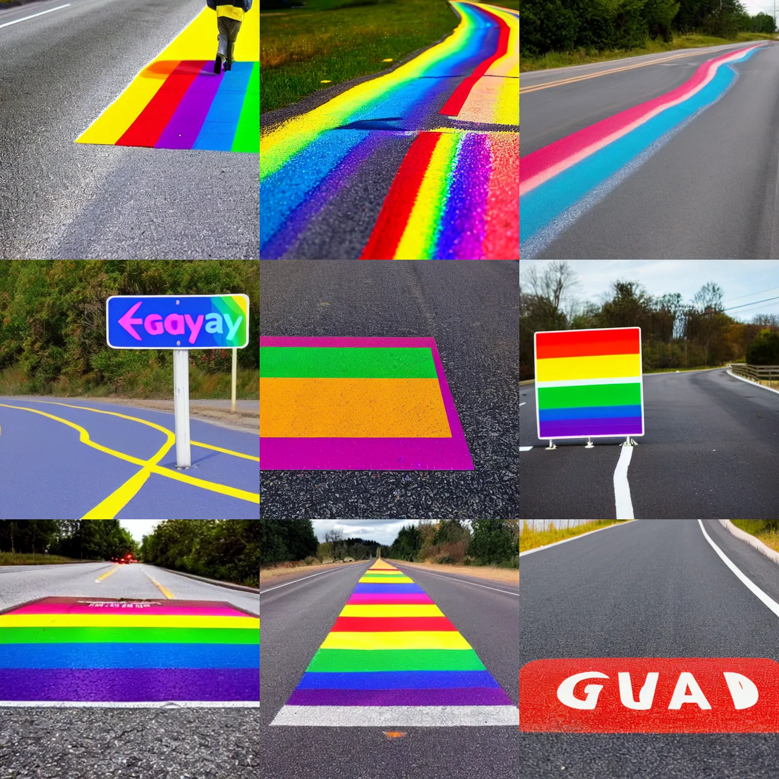 Prompt: a rainbow colored road sign that says gay