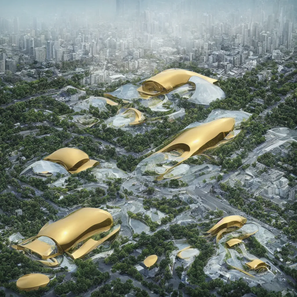 Prompt: “a golden temple designed by zaha hadid floating above grass made out of reflecting glass with humans sitting, highly detailed in 4K”
