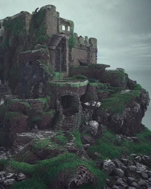 Image similar to the ruins of a castle on an island, taken back by nature. dark stormy sea. intricate artwork by tooth wu and wlop and beeple. octane render, hyper realism, 8 k