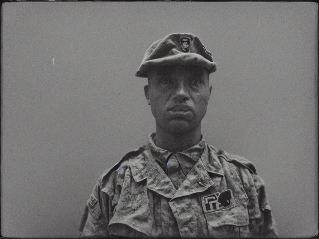 Prompt: “A mugshot of soldiers, highly detailed medium format Portra 400 Mamiya, grainy, texturized, in the style of anti-fascism”
