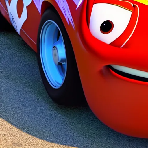 Prompt: lightning mcqueen after a fatal car accidend. rendered in 4 k with presto animation software.