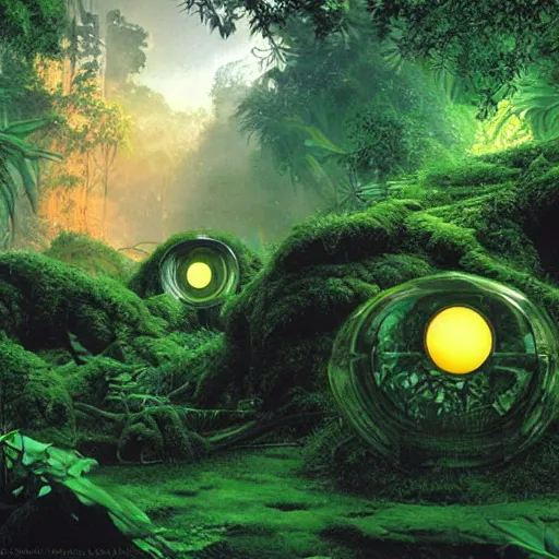 Image similar to alien artifacts in the jungle, lost alien tech, ancient alien tools and houses, tropical forest, moss, glowing alien circles and monuments, alien relic, syd mead, john harris, art station