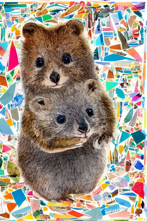 Image similar to detailed illustration, a portrait of a happy quokka on rotttnest island constructed from colored paper, collage, may gibbs, layered composition, layers, texture, textured, layered, sculpted, dynamic, 🦋, 🌱,