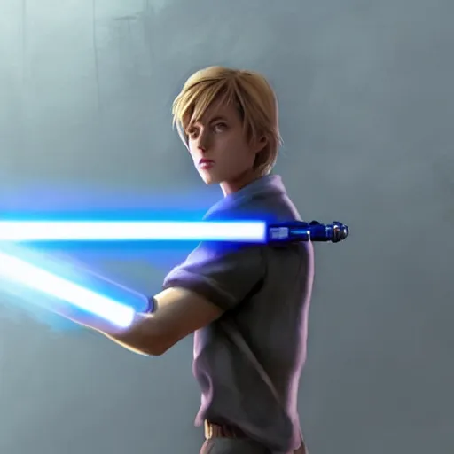 Image similar to Over-the-Shoulder Shot !dream full body Over-the-Shoulder Shot of a young blonde male jedi with short hair with his blue lightsaber is ignited illuminating him and the scene, concept art by Doug Chiang cinematic concept art, realistic painting, high definition, digital art, matte painting, symmetrical, very detailed, realistic, dramatic lighting, cinematic, establishing shot, extremely high detail, photo realistic, cinematic lighting, post processed, concept art, artstation, matte painting, red color scheme, the Mandalorian concept art style