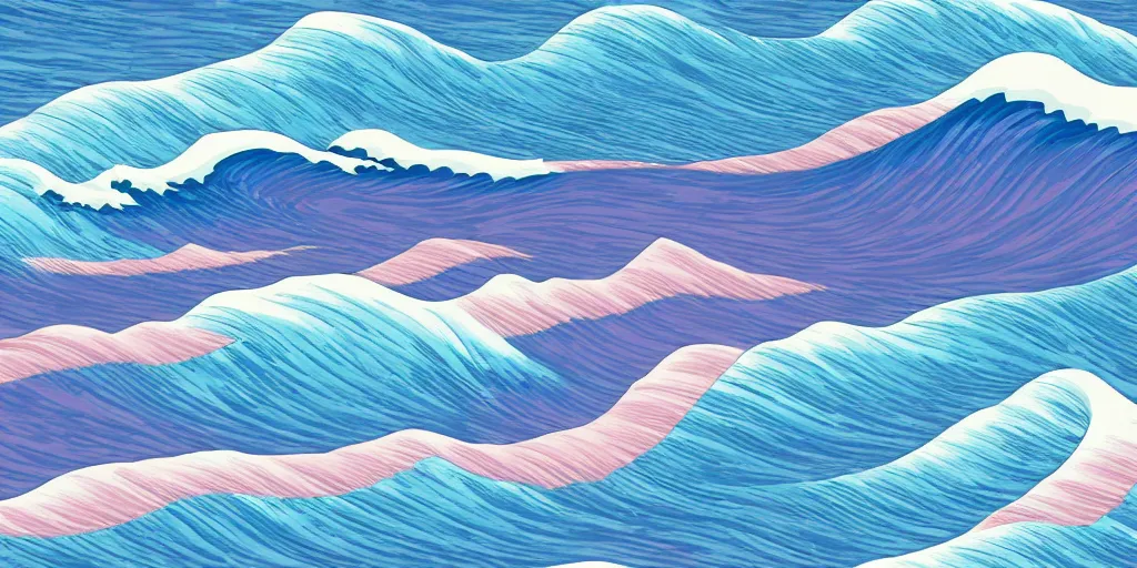 Image similar to blue purple and pink colored ocean waves rolling into the beach in the pattern of the great wave off Kanagawa, high resolution, 8k