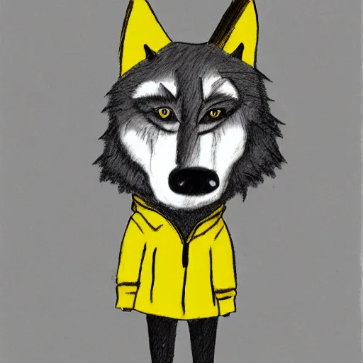 Image similar to cartoon sketch of a wolf wearing a yellow raincoat