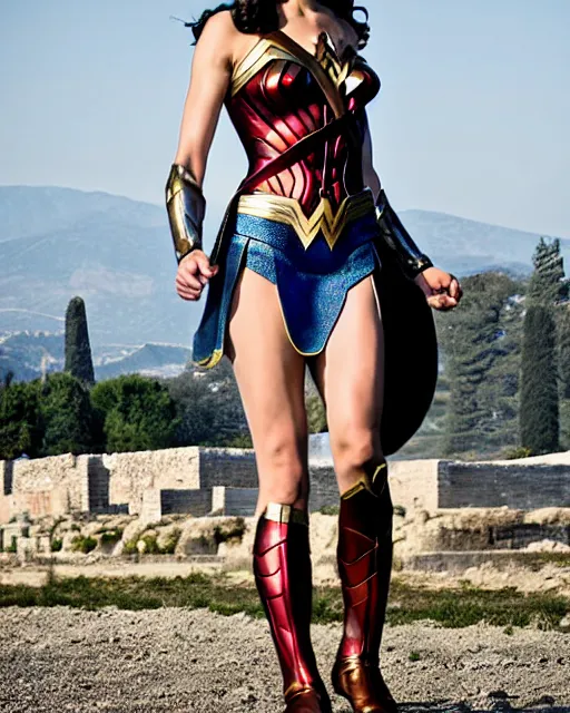Prompt: gal gadot as wonder woman, at the 2 0 0 - meter starting line, ancient greek olympic trials, mount olympus can be seen off in the distance, sports photography in the style of neil leifer, no dof