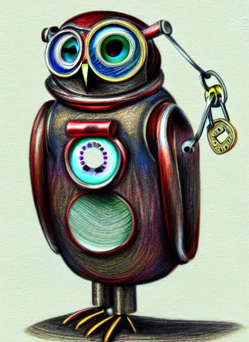 Image similar to colored pencil and pen drawing of an animatronic robot owl, bird made from rusty old keys and padlocks, 4 k photorender realityengine