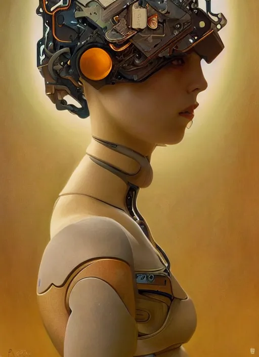 Prompt: portrait of a beautiful female android, coy, circuitry visible in head, in the style of ex machina, karol bak, alphonse mucha, greg rutkowski, artstation,