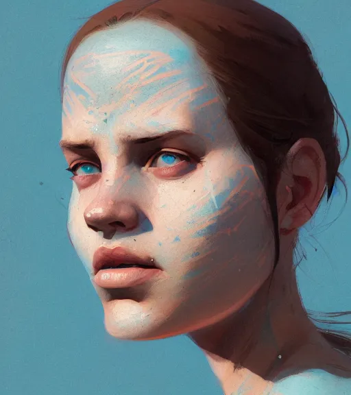 Image similar to portrait of a woman raised on the island face tatooes by atey ghailan, by greg rutkowski, dynamic lighting, gradient light blue, brown, blonde cream and white color scheme, grunge aesthetic