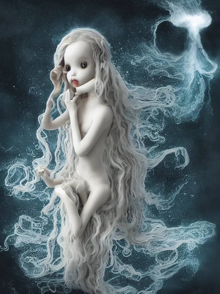 Image similar to cute fumo plush gothic translucent octopus maiden alien girl combing her hair in the waves of the wavering dark galactic abyss, ocean wave thunderstorm and reflective splashing water, black and white, ocean simulation, vignette, vray