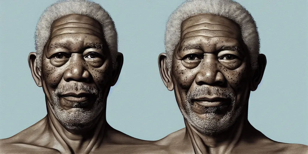 Image similar to Morgan Freeman human anatomy by Leonardo da Vinci, light blue tint, concept art