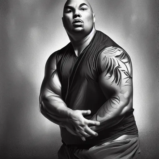 Image similar to fat joe with the physique of a body builder, hyper realistic, ultra detailed, cinematic, dynamic lighting, photorealistic, refined, intricate, digital art, digital painting, masterpiece, 8k