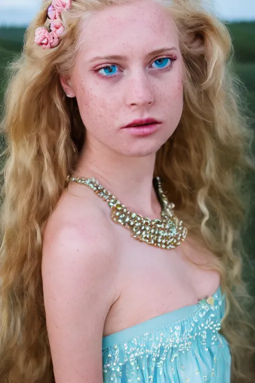 Image similar to a princess with long blonde hair and light blue eyes wearing a strapless elaborately beaded pink dress standing next to a brown canvas army tent, high resolution film still, 8k, HDR color, film by Simon Langton and David Frankel, triangular face, very light freckles, round narrow chin, straight jawline, natural lips, high cheekbones, beautiful gazing eyes